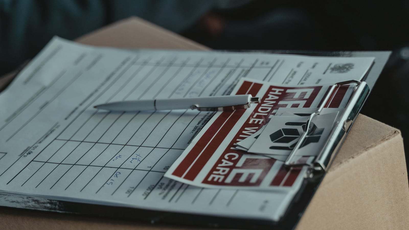 لوح ملاحظات فيه قائمة جرد على كرتونة نقل عليها ملصق «تعامل بحذر»